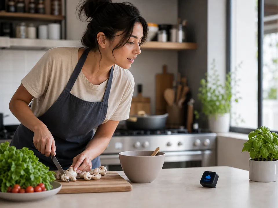 The tiny VocaKey device on a kitchen counter for hands-busy voice input.
