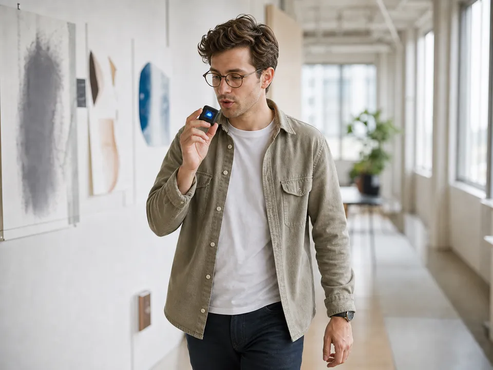 A person holding the tiny VocaKey device at an angle while capturing a fresh idea.