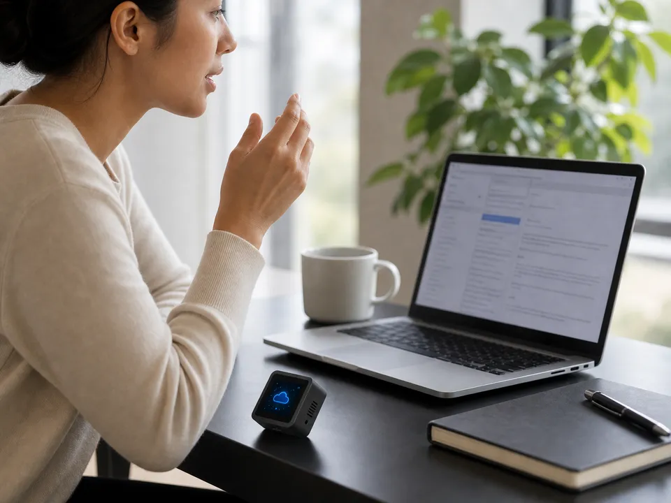 A person speaking toward a tiny VocaKey device while writing a long message on a laptop.