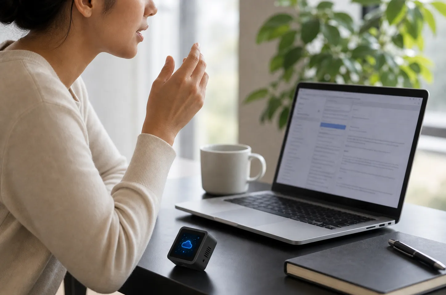 A person speaking toward the tiny VocaKey device while using a laptop.