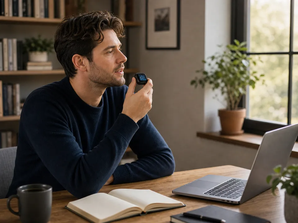 A calm writing setup with the tiny VocaKey device held near the mouth.