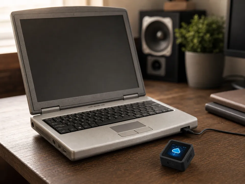 The tiny VocaKey device near an older laptop that can accept keyboard input.