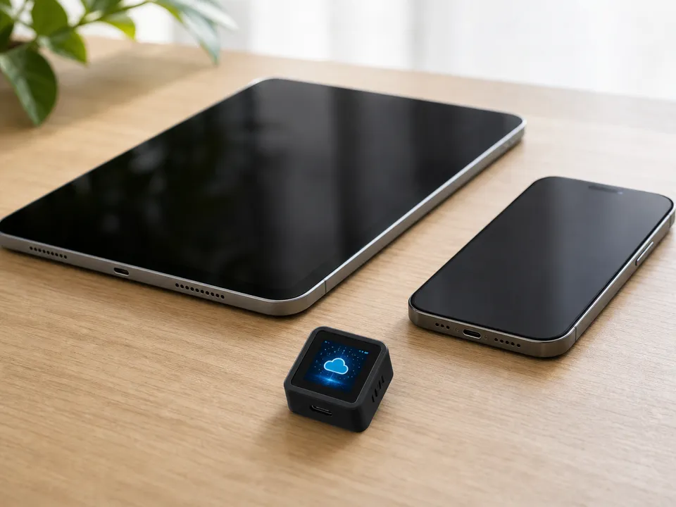 The tiny VocaKey device beside a phone and tablet for faster text input.
